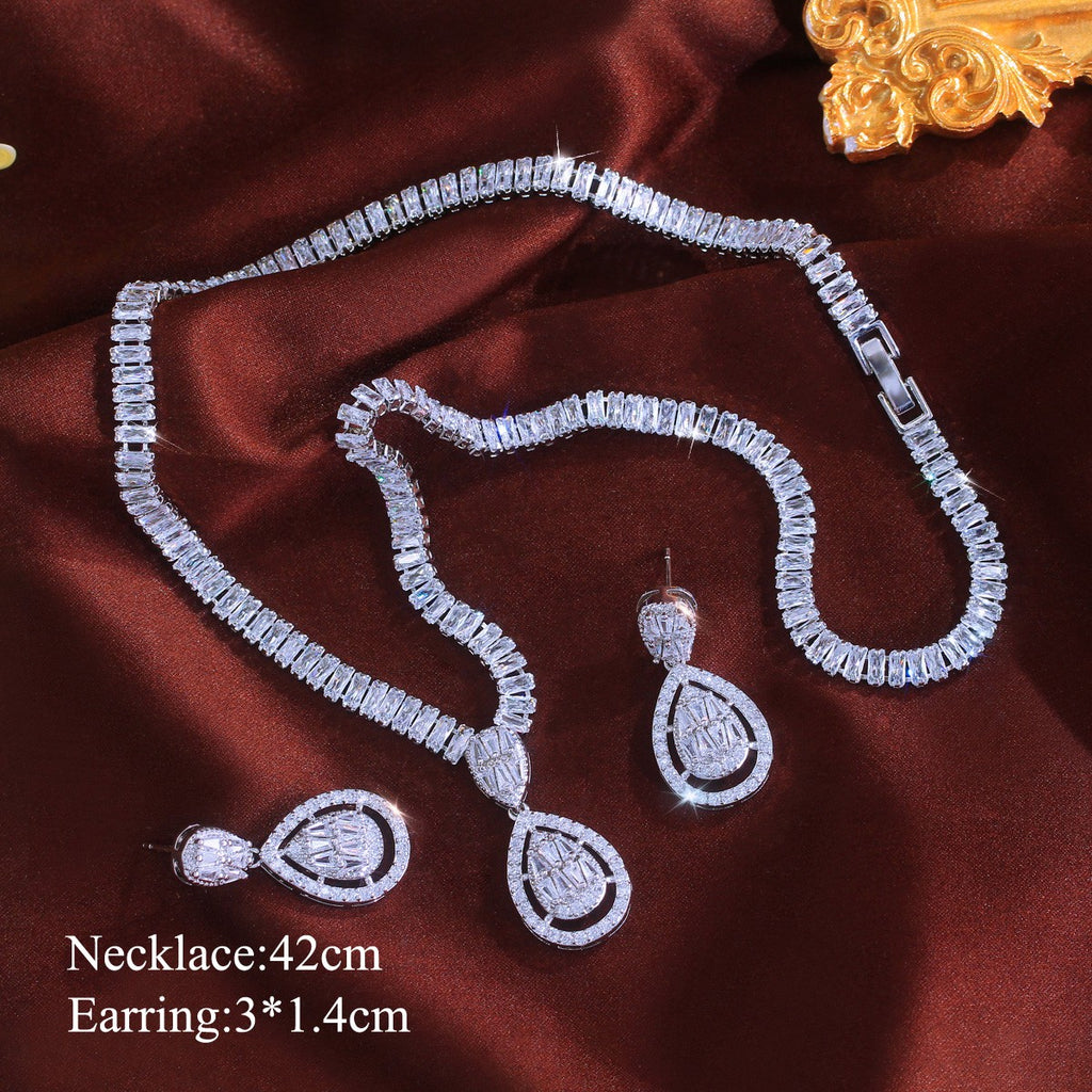 Silver Plated Water Drop Earrings Necklace Wedding Set Women Zircon Jewelry Gift
