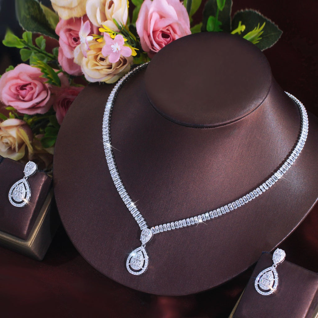 Silver Plated Water Drop Earrings Necklace Wedding Set Women Zircon Jewelry Gift