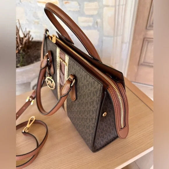 Michael Kors Sheila Medium Signature MK Metallic Satchel Brown Gold + Wallet