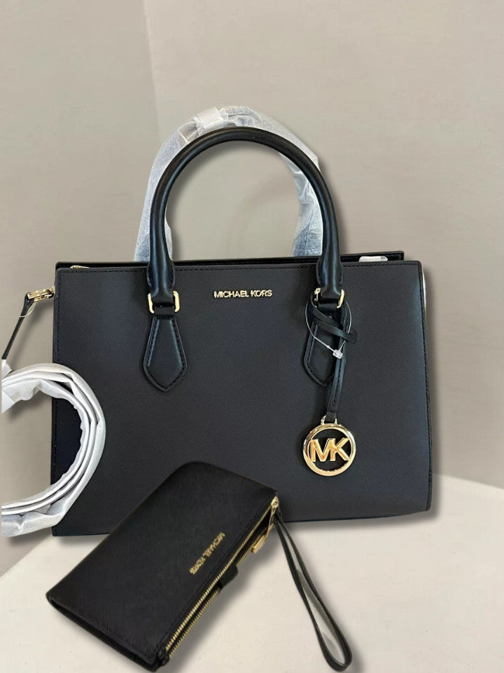Michael Kors Sheila Black Medium Gold-Toned Satchel Bag & Double Zip Wallet Set