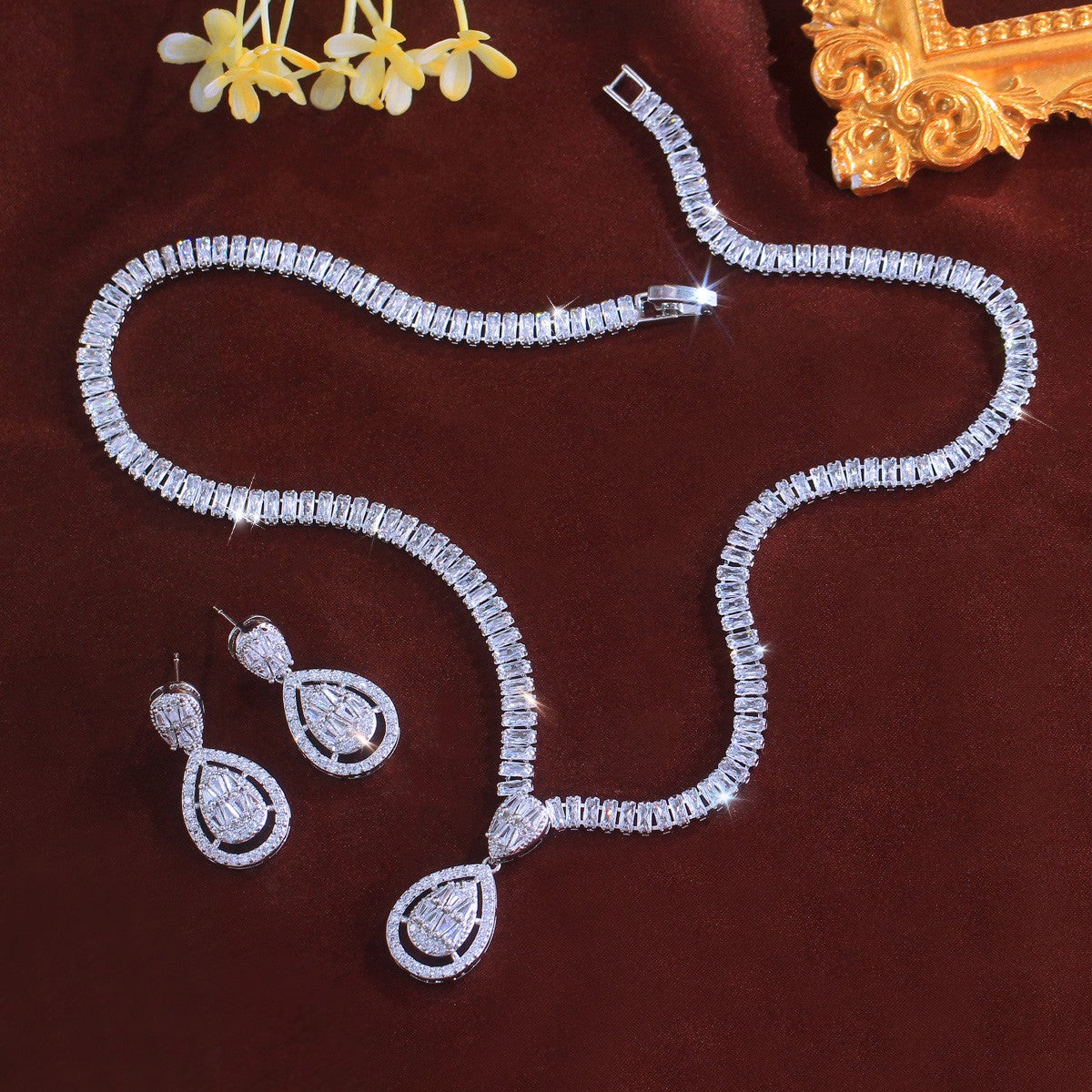 Silver Plated Water Drop Earrings Necklace Wedding Set Women Zircon Jewelry Gift