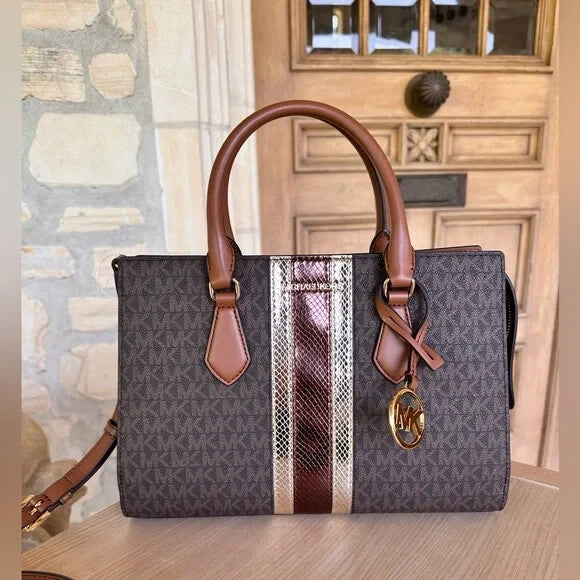Michael Kors Sheila Medium Signature MK Metallic Satchel Brown Gold + Wallet
