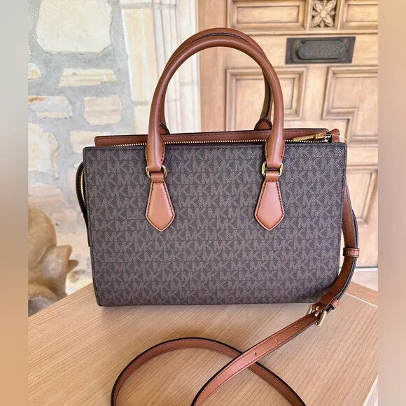 Michael Kors Sheila Medium Signature MK Metallic Satchel Brown Gold + Wallet