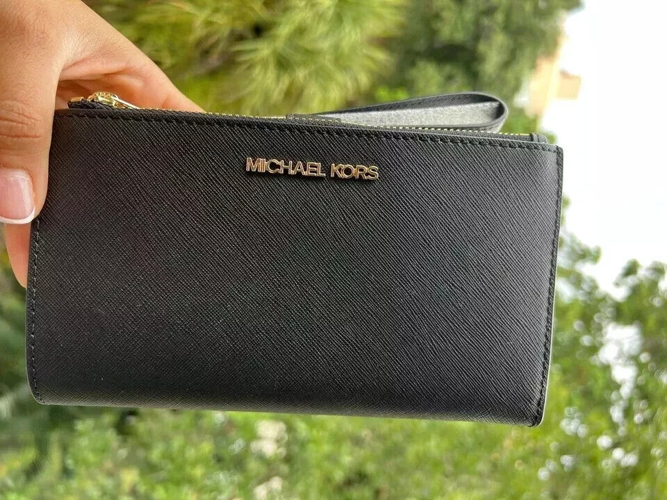Michael Kors Sheila Black Medium Gold-Toned Satchel Bag & Double Zip Wallet Set