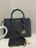 Michael Kors Sheila Black Medium Gold-Toned Satchel Bag & Double Zip Wallet Set