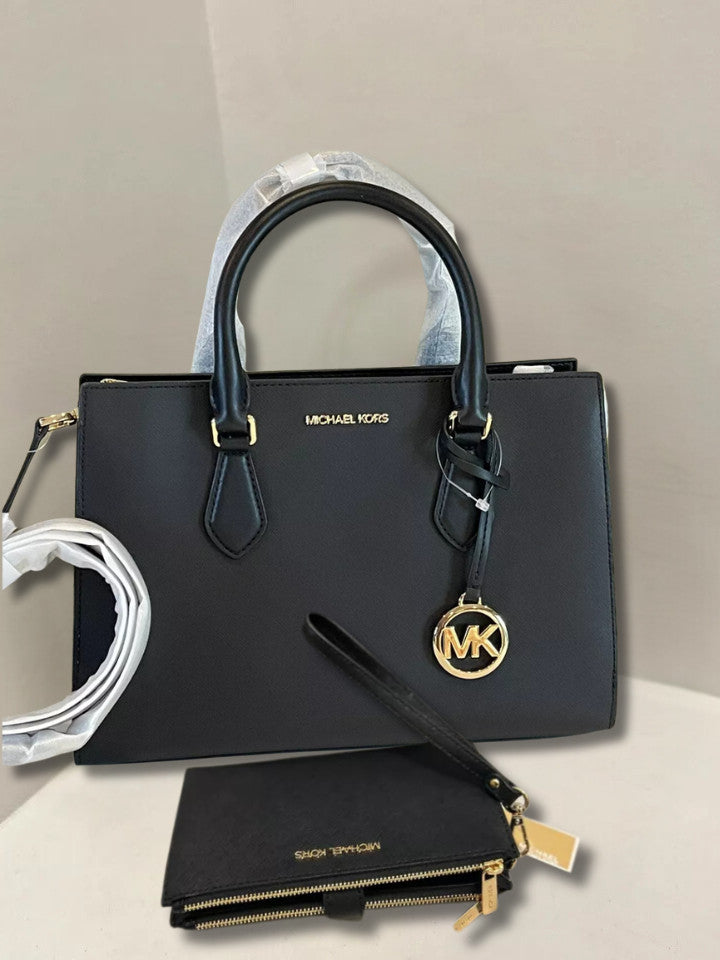 Michael Kors Sheila Black Medium Gold-Toned Satchel Bag & Double Zip Wallet Set