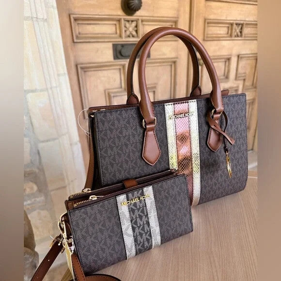 Michael Kors Sheila Medium Signature MK Metallic Satchel Brown Gold + Wallet