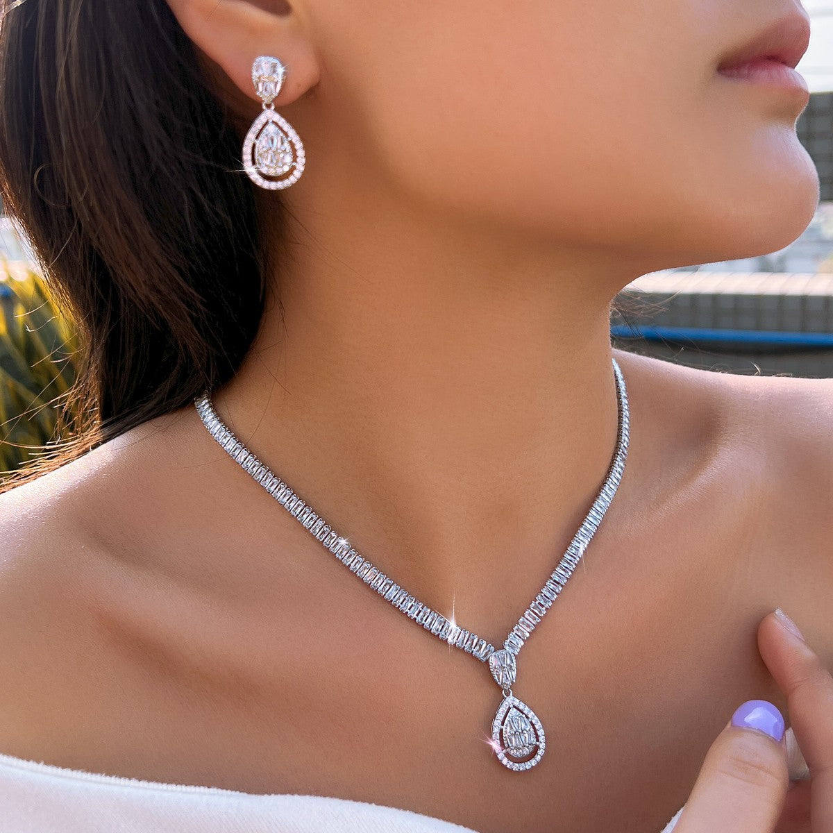 Silver Plated Water Drop Earrings Necklace Wedding Set Women Zircon Jewelry Gift