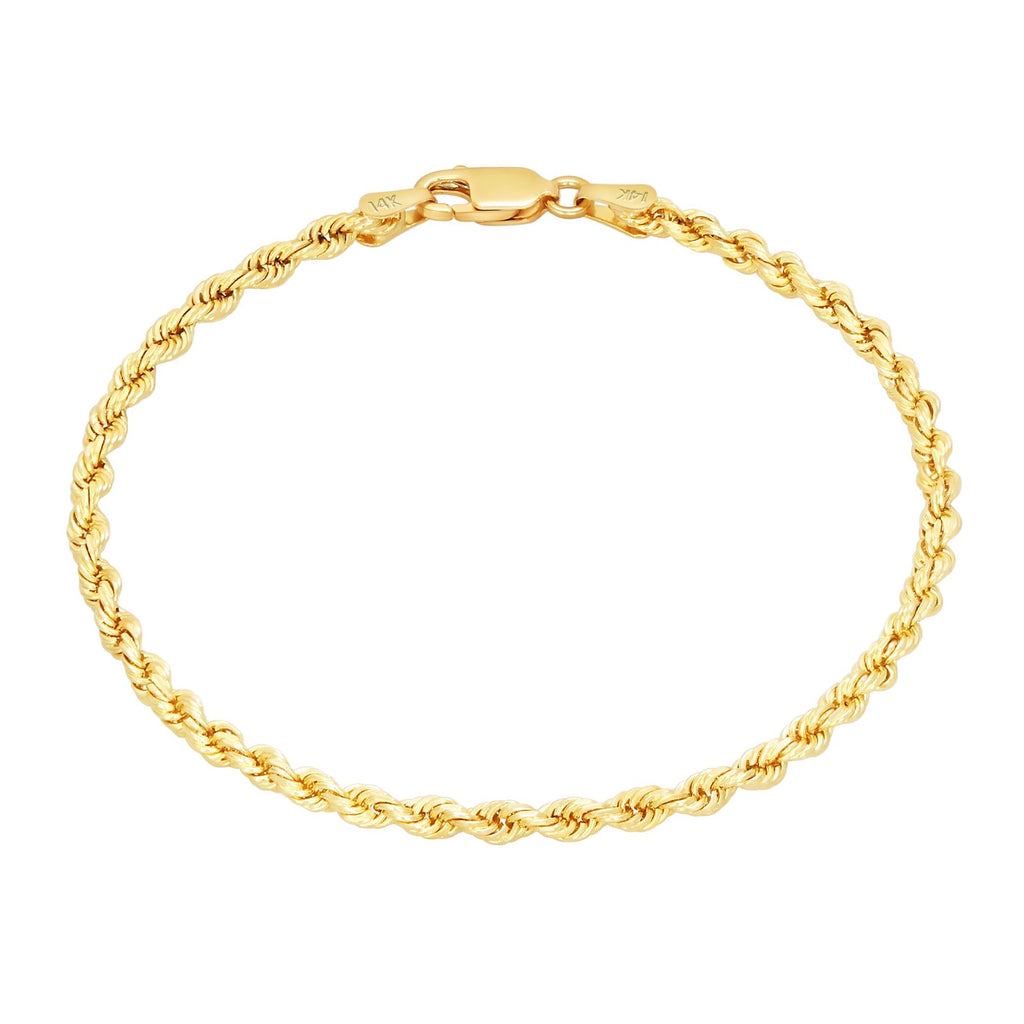 14k Yellow Gold Womens 2mm Diamond Cut Rope Chain Bracelet w Lobster Clasp- 7"