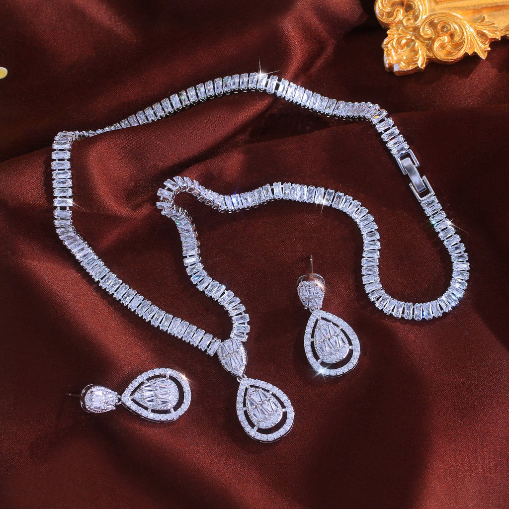 Silver Plated Water Drop Earrings Necklace Wedding Set Women Zircon Jewelry Gift