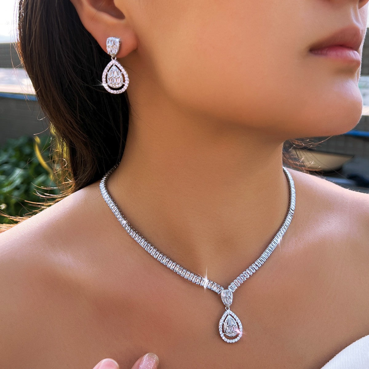 Silver Plated Water Drop Earrings Necklace Wedding Set Women Zircon Jewelry Gift