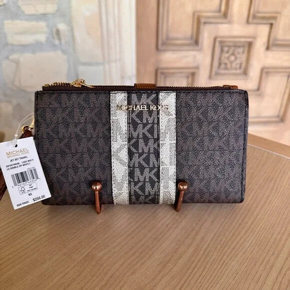 Michael Kors Sheila Medium Signature MK Metallic Satchel Brown Gold + Wallet