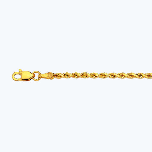 14k Yellow Gold 2mm Rope Chain D/cut Bracelet Size 7"-9" Hollow