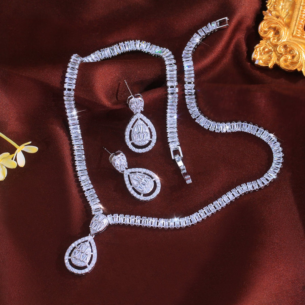 Silver Plated Water Drop Earrings Necklace Wedding Set Women Zircon Jewelry Gift