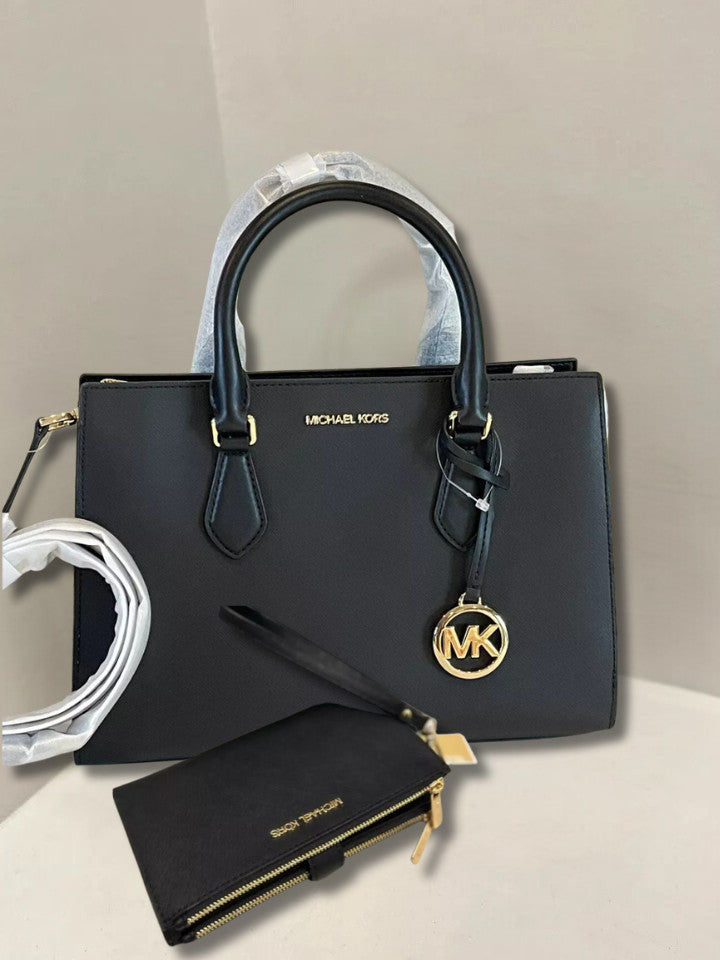 Michael Kors Sheila Black Medium Gold-Toned Satchel Bag & Double Zip Wallet Set