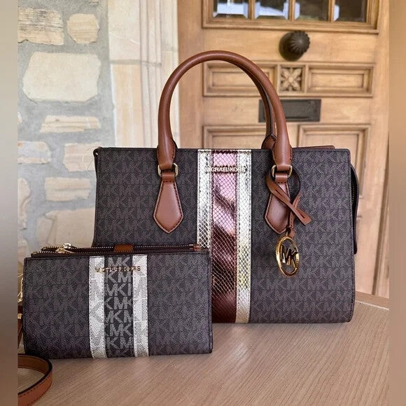 Michael Kors Sheila Medium Signature MK Metallic Satchel Brown Gold + Wallet