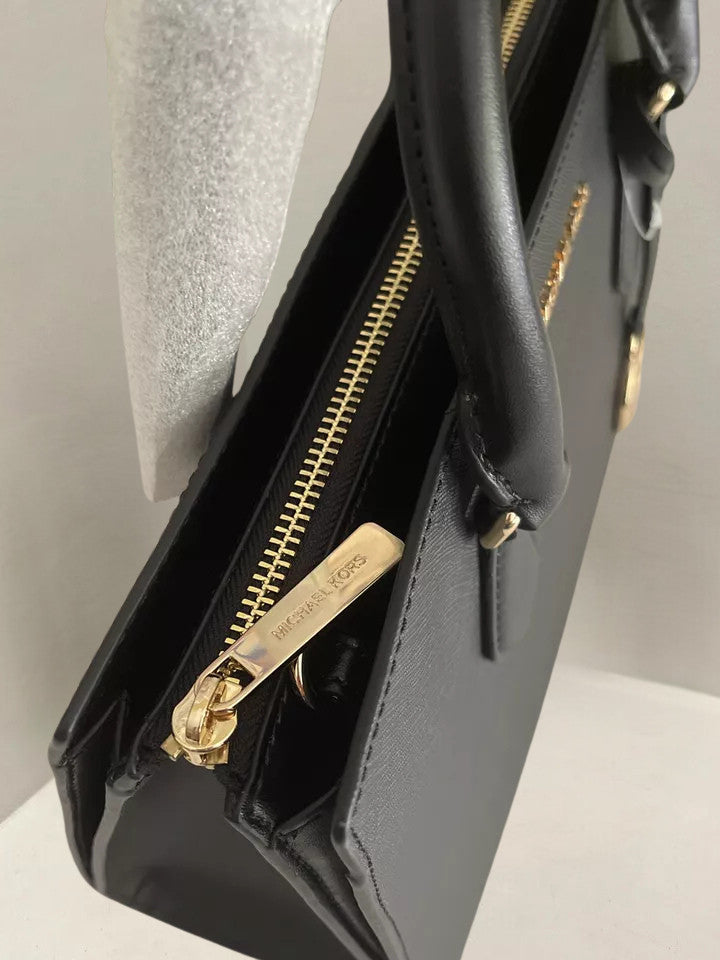 Michael Kors Sheila Black Medium Gold-Toned Satchel Bag & Double Zip Wallet Set