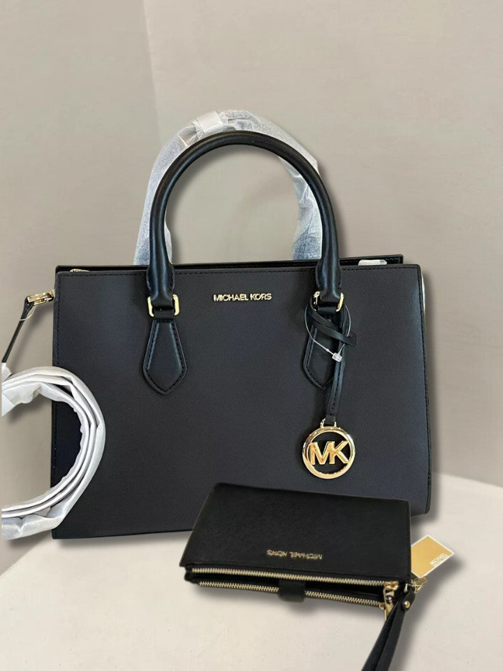 Michael Kors Sheila Black Medium Gold-Toned Satchel Bag & Double Zip Wallet Set