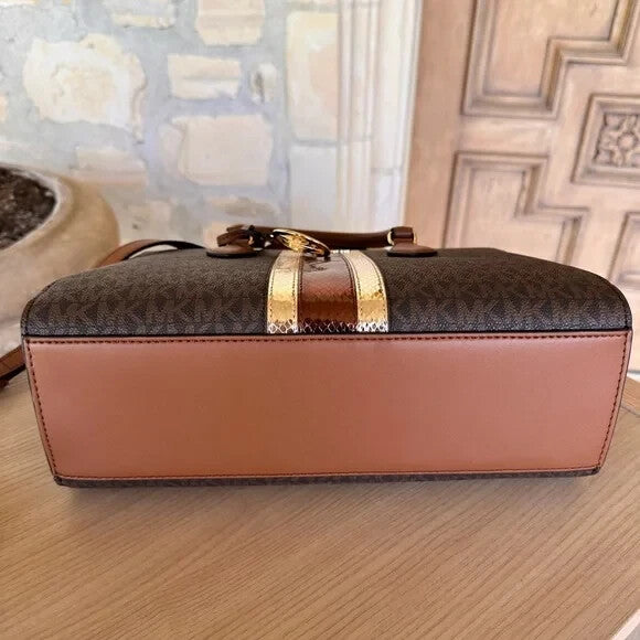 Michael Kors Sheila Medium Signature MK Metallic Satchel Brown Gold + Wallet